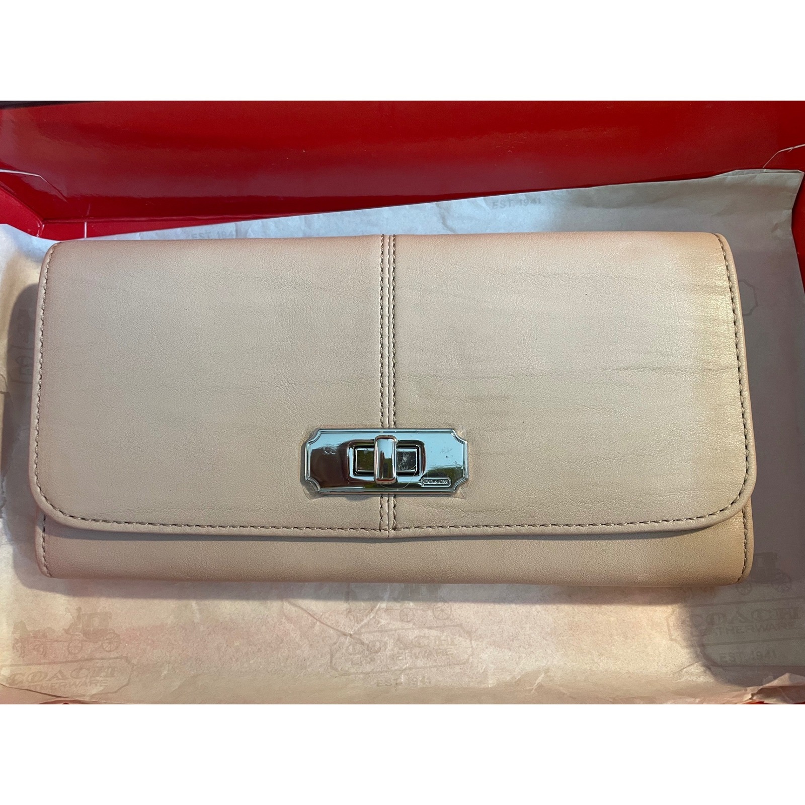 Coach Nwt Vintage Wallet In Box Leather Turnlock Slim Envelope Beige